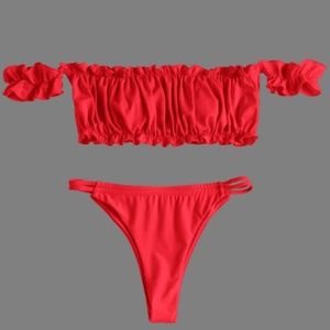 RED FRILLED OFF SHOULDER THONG BIKINI